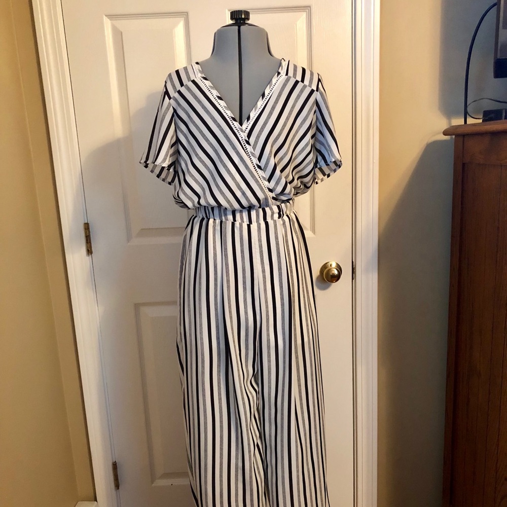Cream and Black Striped Jumpsuit, Size XS